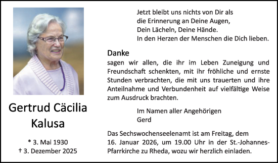 Traueranzeige von Gertrud Cäcilia Kalusa von Die Glocke