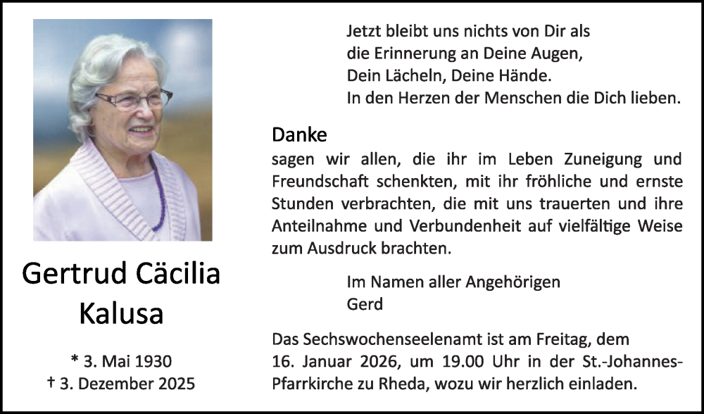  Traueranzeige für Gertrud Cäcilia Kalusa vom 10.01.2026 aus Die Glocke
