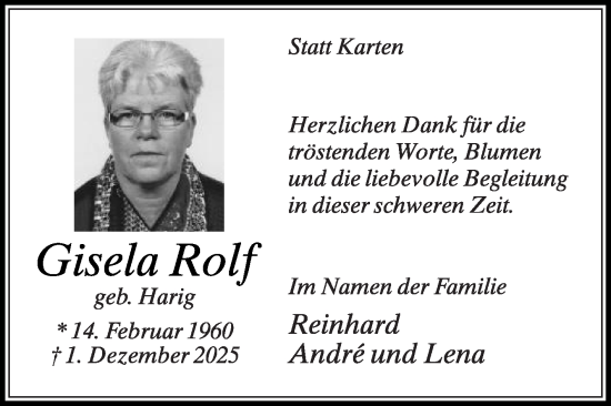 Traueranzeige von Gisela Rolf von Die Glocke
