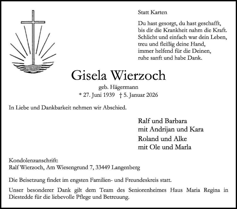  Traueranzeige für Gisela Wierzoch vom 10.01.2026 aus Die Glocke