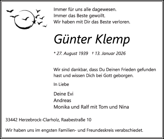 Traueranzeige von Günter Klemp von Die Glocke