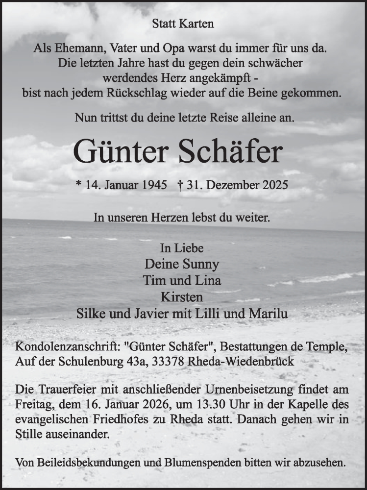  Traueranzeige für Günter Schäfer vom 10.01.2026 aus Die Glocke