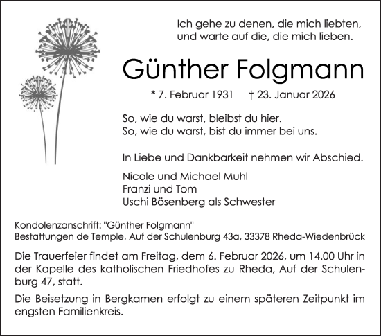 Traueranzeige von Günther Folgmann von Die Glocke