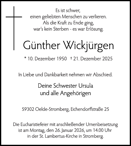 Traueranzeige von Günther Wickjürgen von Die Glocke