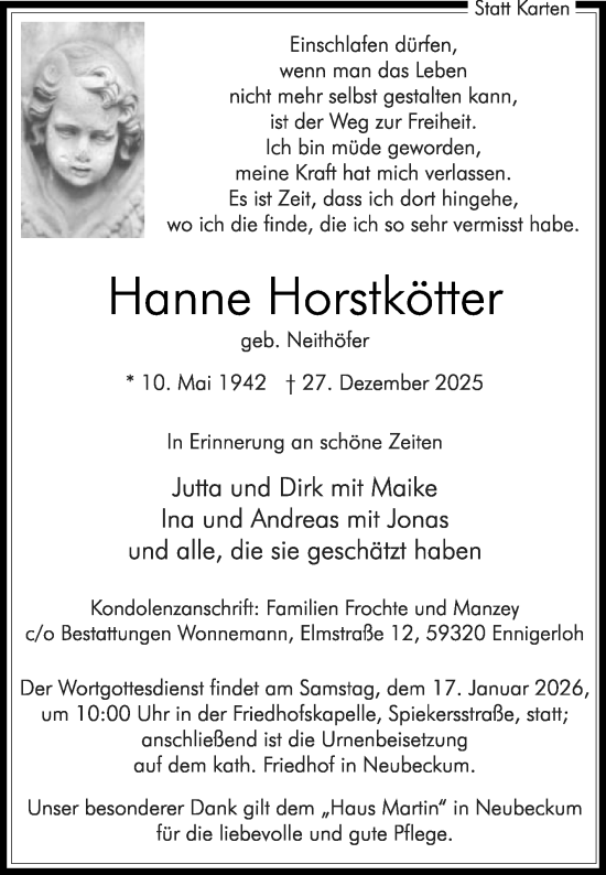 Traueranzeige von Hanne Horstkötter von Die Glocke