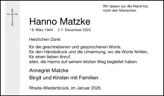 Traueranzeige von Hanno Matzke von Die Glocke
