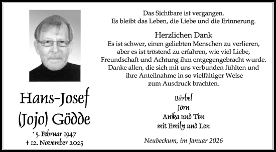 Traueranzeige von Hans-Josef Gödde von Die Glocke
