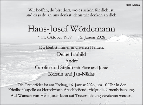 Traueranzeige von Hans-Josef Wördemann von Die Glocke