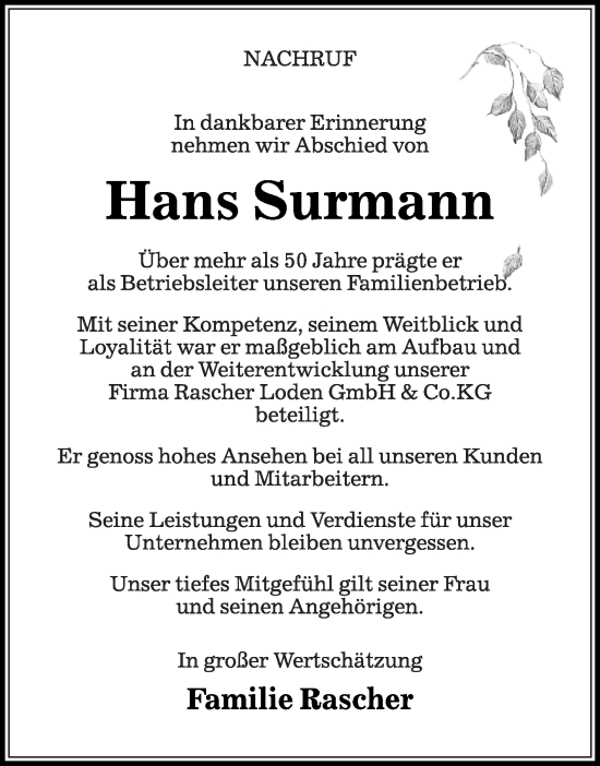 Traueranzeige von Hans Surmann von Die Glocke