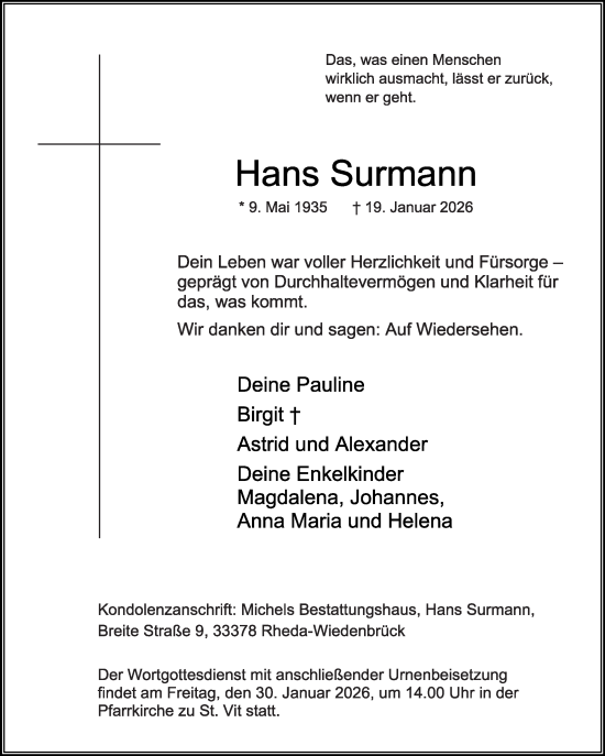 Traueranzeige von Hans Surmann von Die Glocke