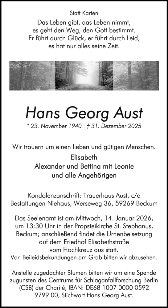 Traueranzeige von Hans Georg Aust von Die Glocke