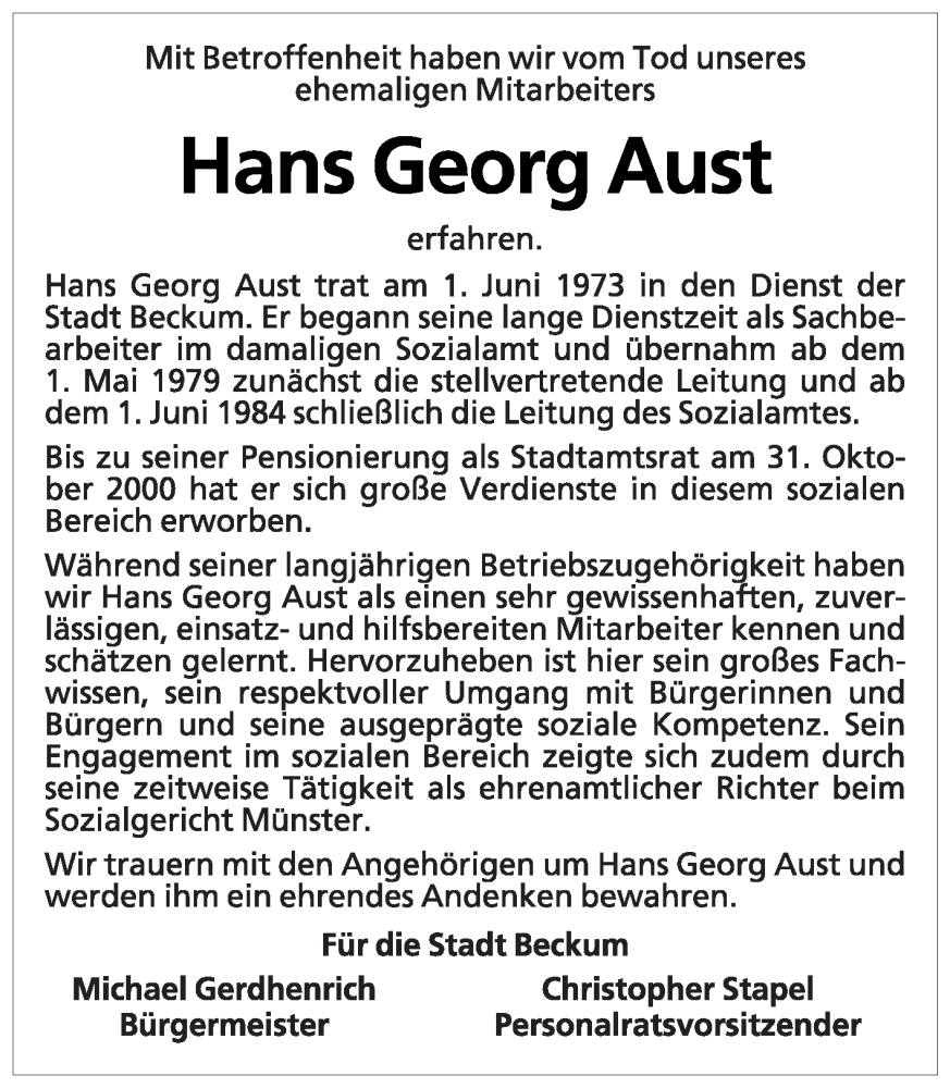  Traueranzeige für Hans Georg Aust vom 14.01.2026 aus Die Glocke