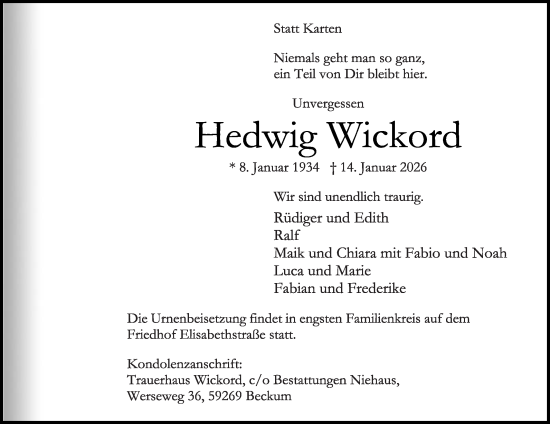 Traueranzeige von Hedwig Wickord von Die Glocke