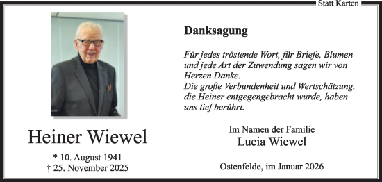 Traueranzeige von Heiner Wiewel von Die Glocke