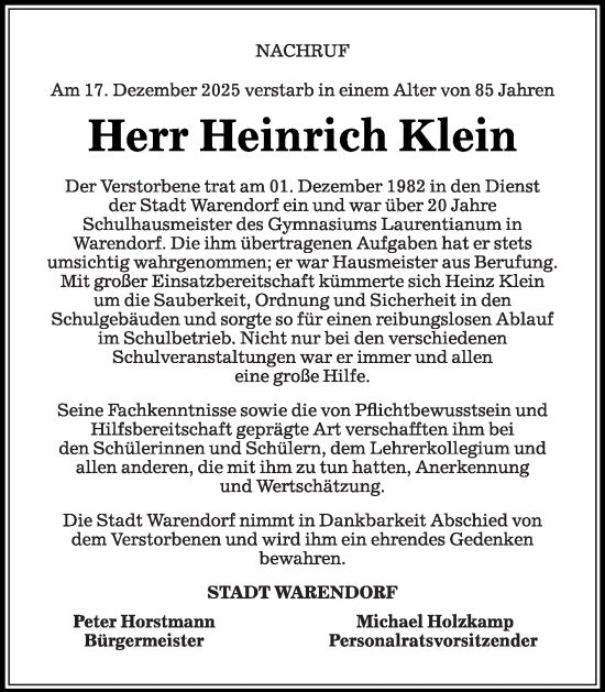 Traueranzeige von Heinrich Klein von Die Glocke