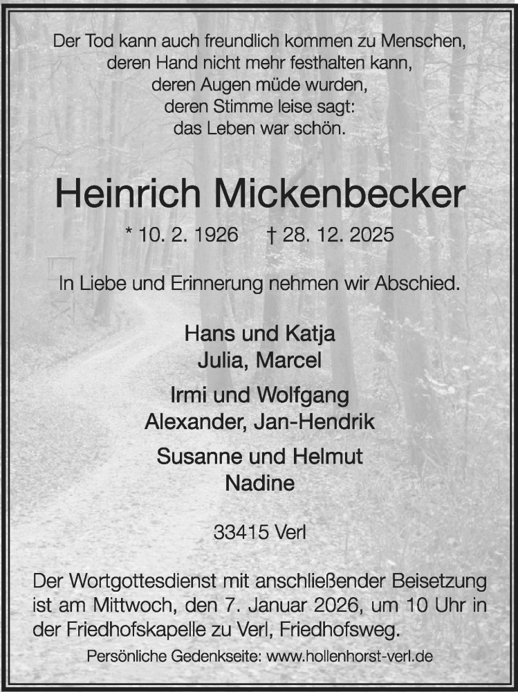  Traueranzeige für Heinrich Mickenbecker vom 03.01.2026 aus Die Glocke