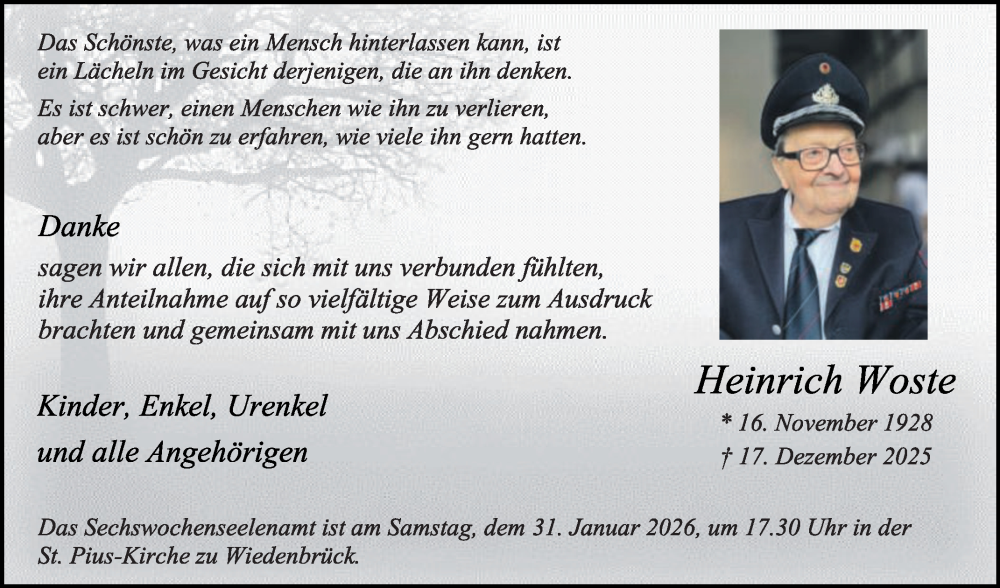  Traueranzeige für Heinrich Woste vom 28.01.2026 aus Die Glocke