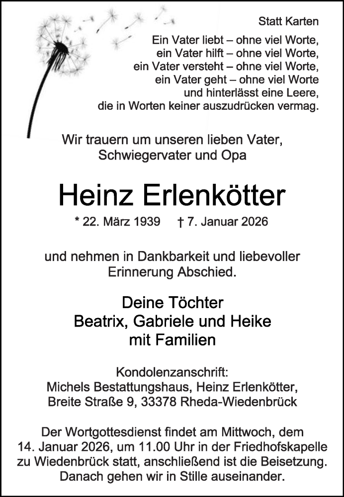  Traueranzeige für Heinz Erlenkötter vom 10.01.2026 aus Die Glocke