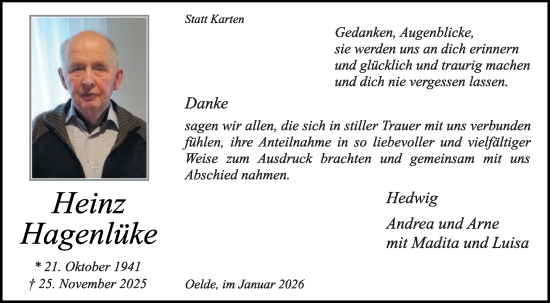 Traueranzeige von Heinz Hagenlüke von Die Glocke