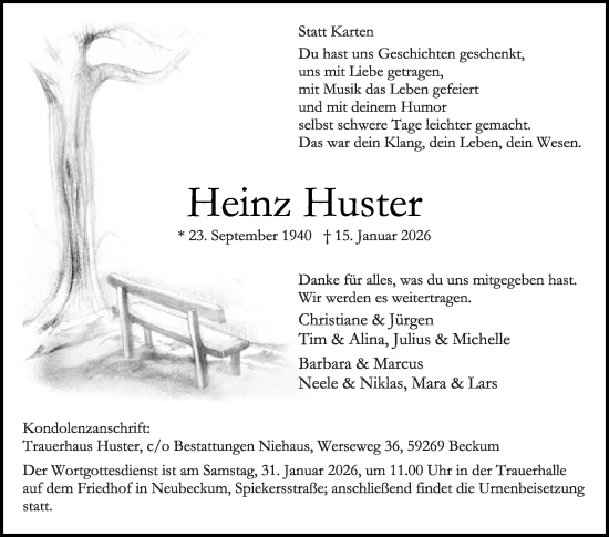 Traueranzeige von Heinz Huster von Die Glocke