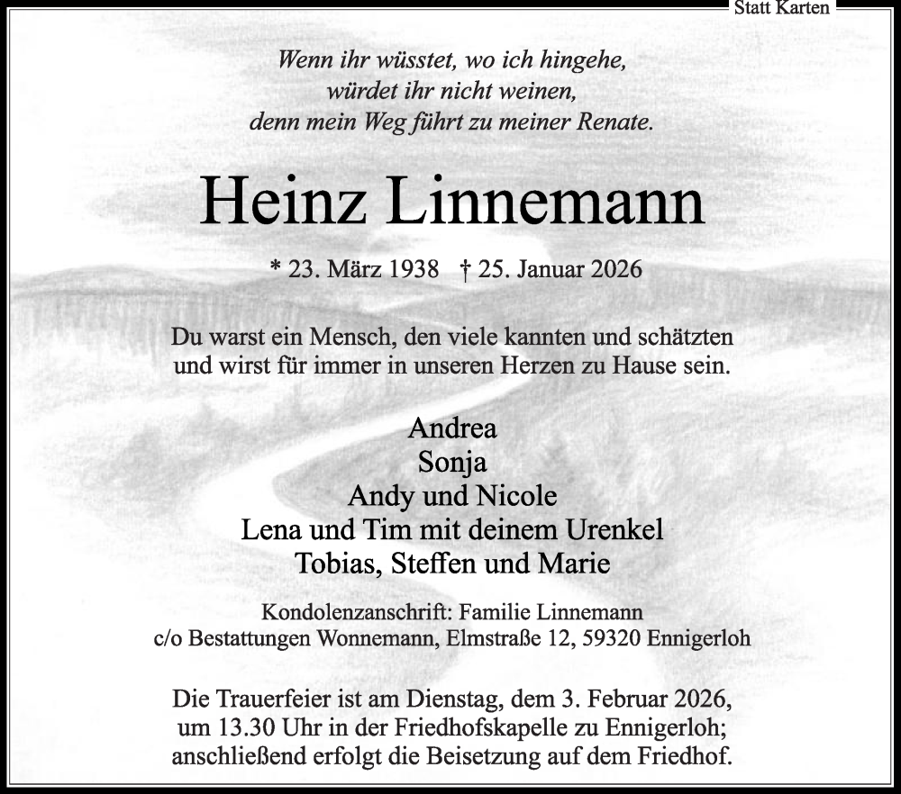  Traueranzeige für Heinz Linnemann vom 31.01.2026 aus Die Glocke