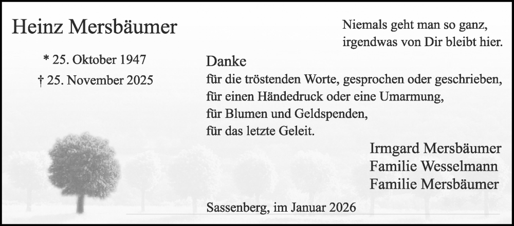  Traueranzeige für Heinz Mersbäumer vom 24.01.2026 aus Die Glocke