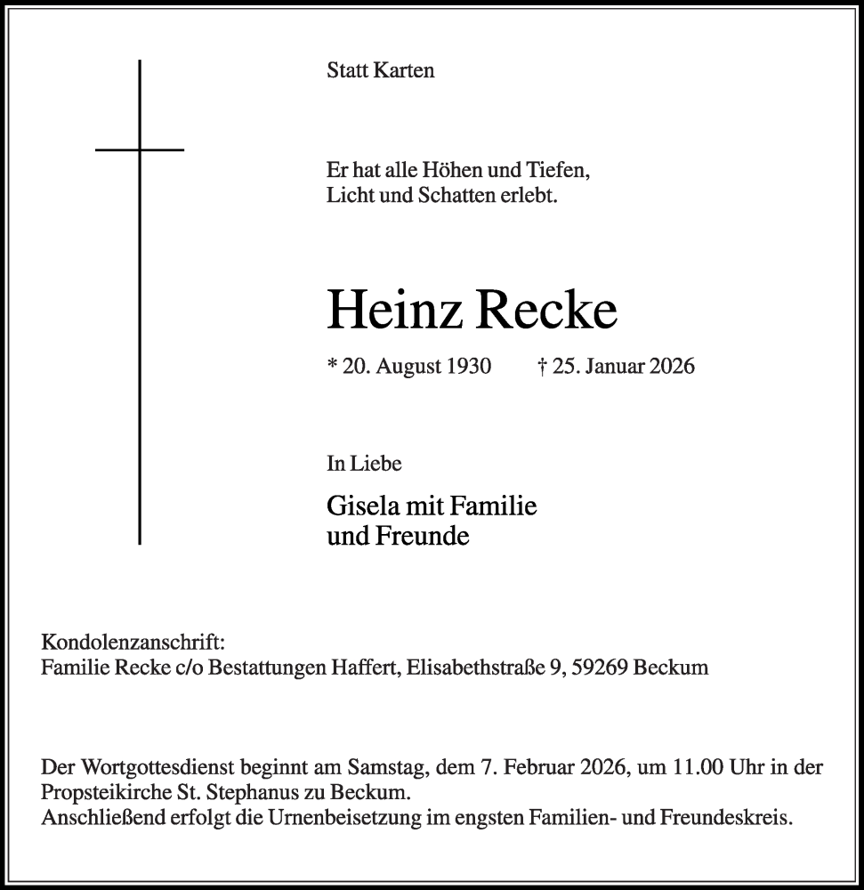 Traueranzeige für Heinz Recke vom 31.01.2026 aus Die Glocke