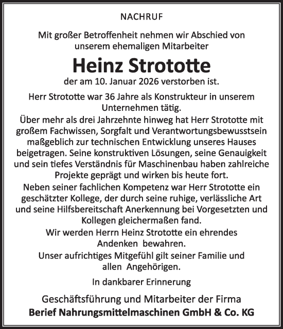 Traueranzeige von Heinz Strototte von Die Glocke