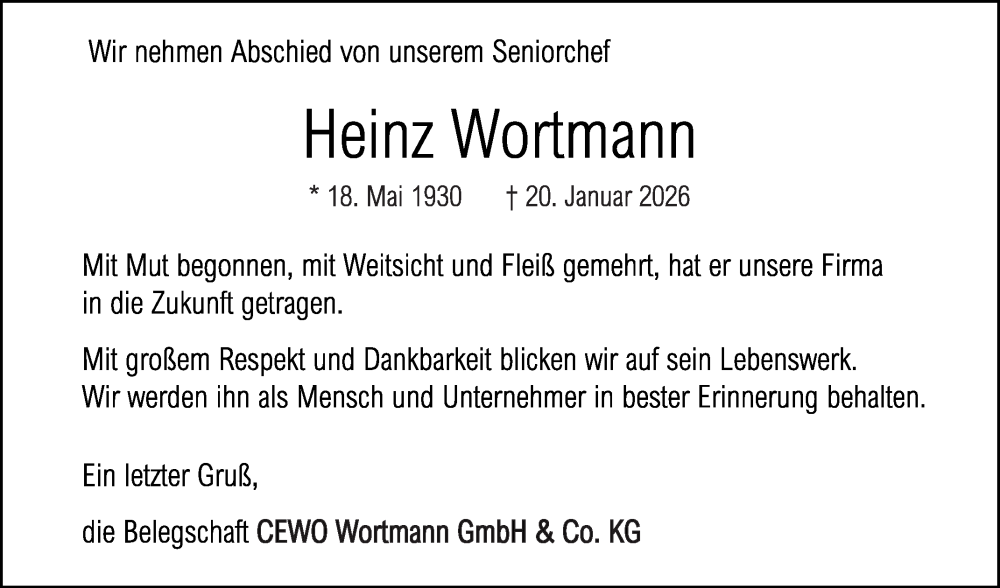  Traueranzeige für Heinz Wortmann vom 24.01.2026 aus Die Glocke
