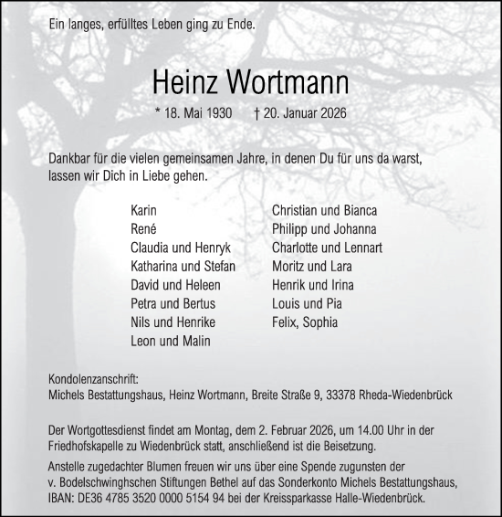 Traueranzeige von Heinz Wortmann von Die Glocke