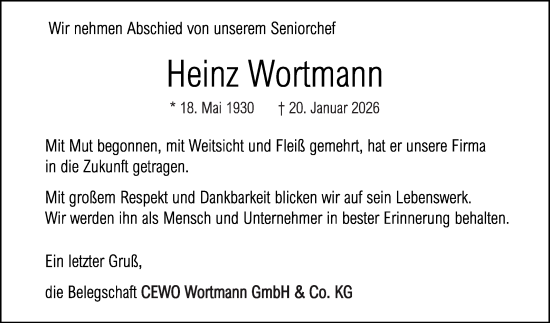 Traueranzeige von Heinz Wortmann von Die Glocke