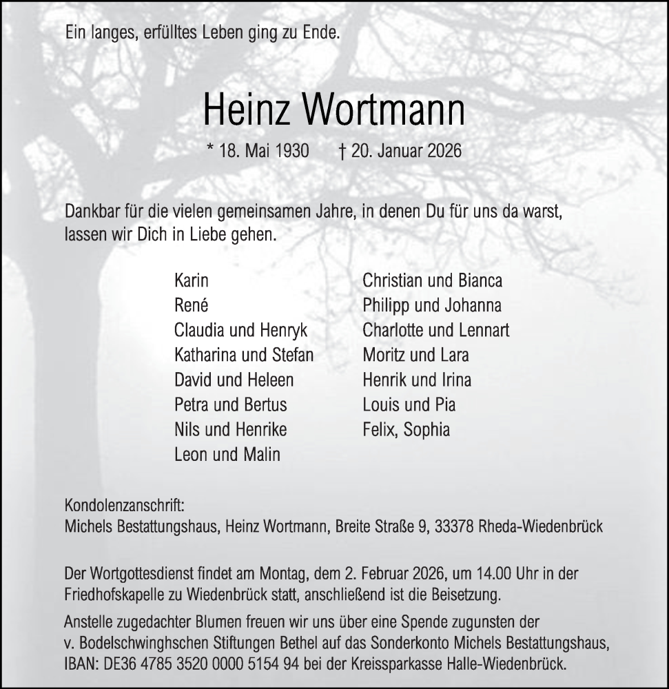  Traueranzeige für Heinz Wortmann vom 24.01.2026 aus Die Glocke
