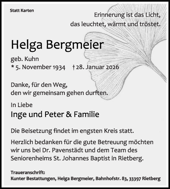 Traueranzeige von Helga Bergmeier von Die Glocke