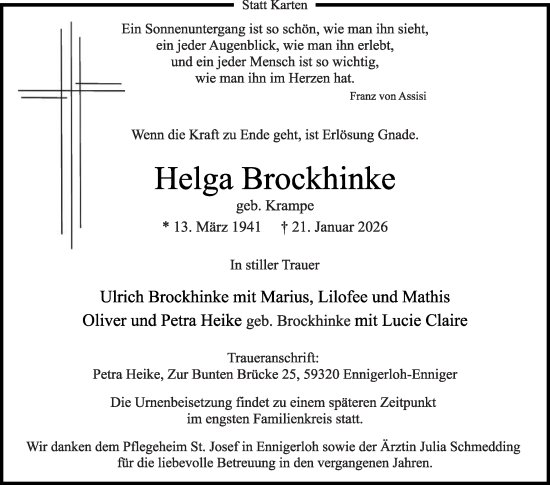 Traueranzeige von Helga Brockhinke von Die Glocke