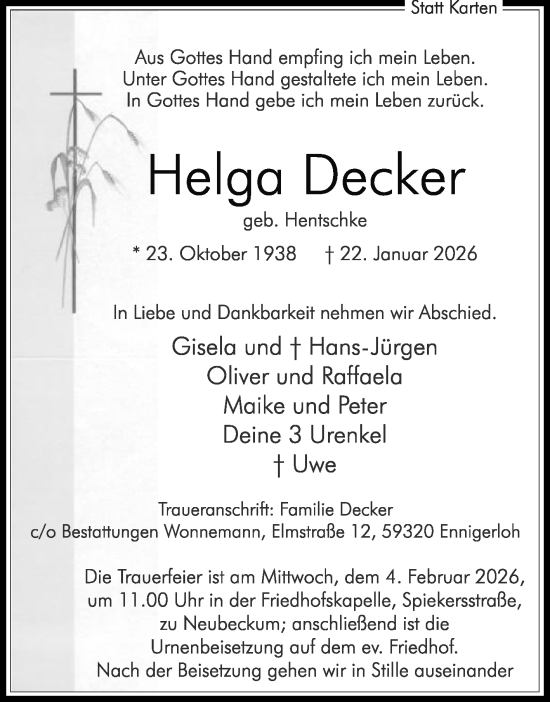 Traueranzeige von Helga Decker von Die Glocke