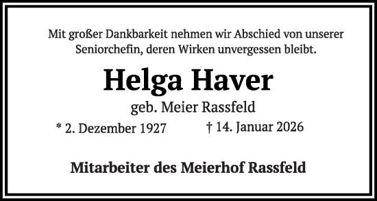 Traueranzeige von Helga Haver von Die Glocke