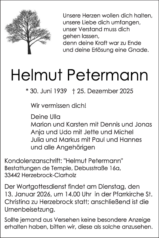 Traueranzeige von Helmut Petermann von Die Glocke