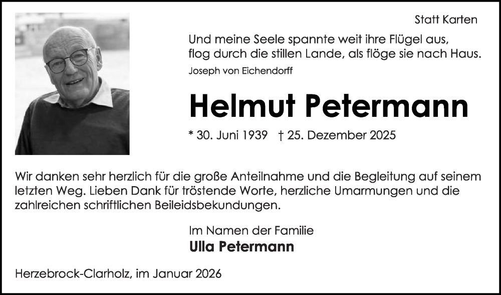  Traueranzeige für Helmut Petermann vom 31.01.2026 aus Die Glocke