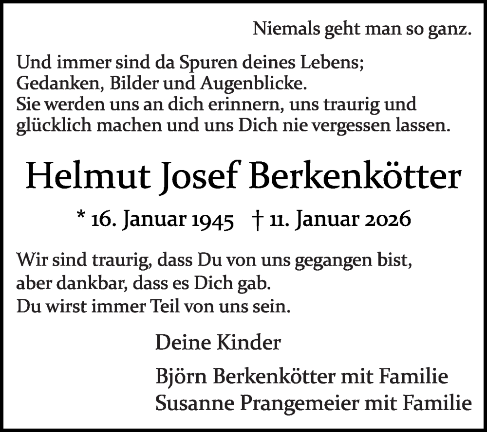  Traueranzeige für Helmut Josef Berkenkötter vom 31.01.2026 aus Die Glocke