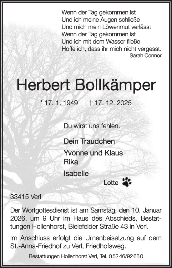 Traueranzeige von Herbert Bollkämper von Die Glocke