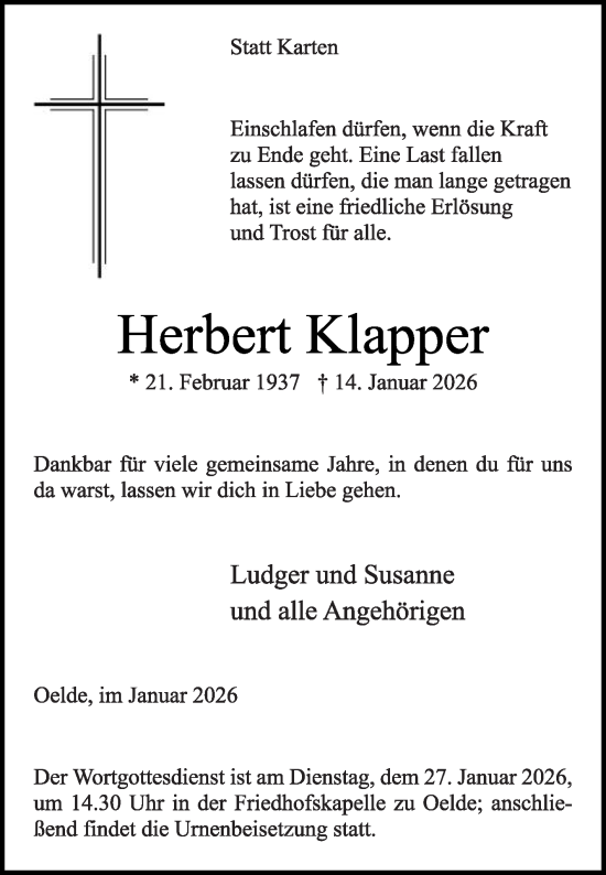 Traueranzeige von Herbert Klapper von Die Glocke