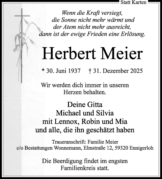 Traueranzeige von Herbert Meier von Die Glocke