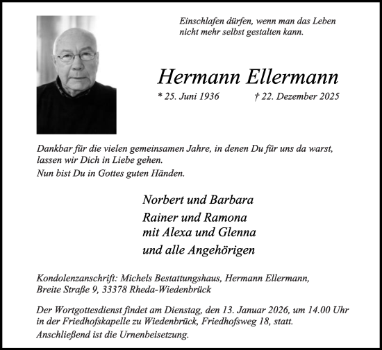 Traueranzeige von Hermann Ellermann von Die Glocke