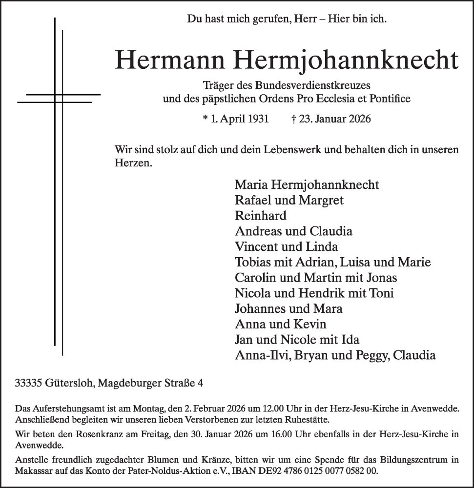  Traueranzeige für Hermann Hermjohannknecht vom 28.01.2026 aus Die Glocke