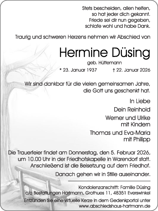 Traueranzeige von Hermine Düsing von Die Glocke