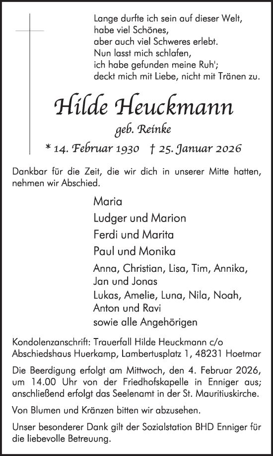 Traueranzeige von Hilde Heuckmann von Die Glocke