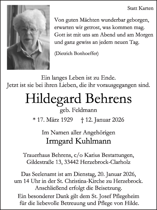 Traueranzeige von Hildegard Behrens von Die Glocke