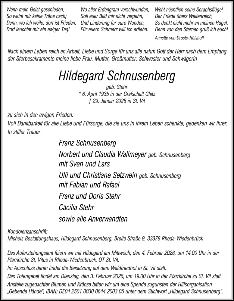  Traueranzeige für Hildegard Schnusenberg vom 31.01.2026 aus Die Glocke