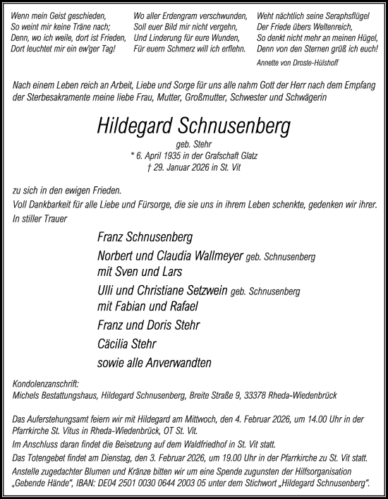 Traueranzeige von Hildegard Schnusenberg von Die Glocke