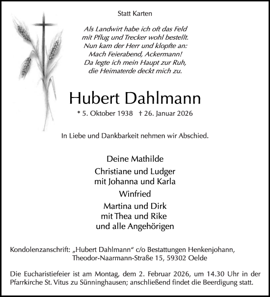 Traueranzeige von Hubert Dahlmann von Die Glocke